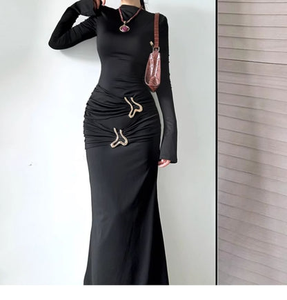 Mock Neck Long-Sleeve Ruched Sheath Maxi Dress