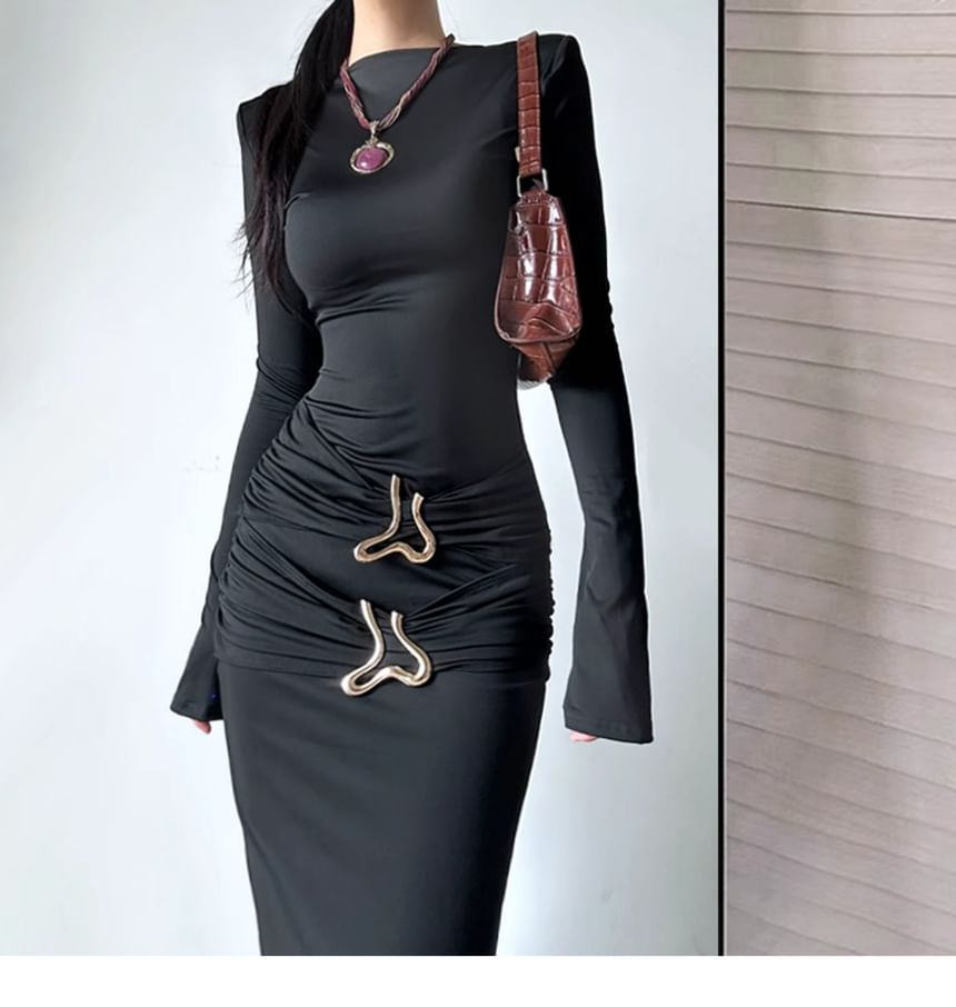 Mock Neck Long-Sleeve Ruched Sheath Maxi Dress