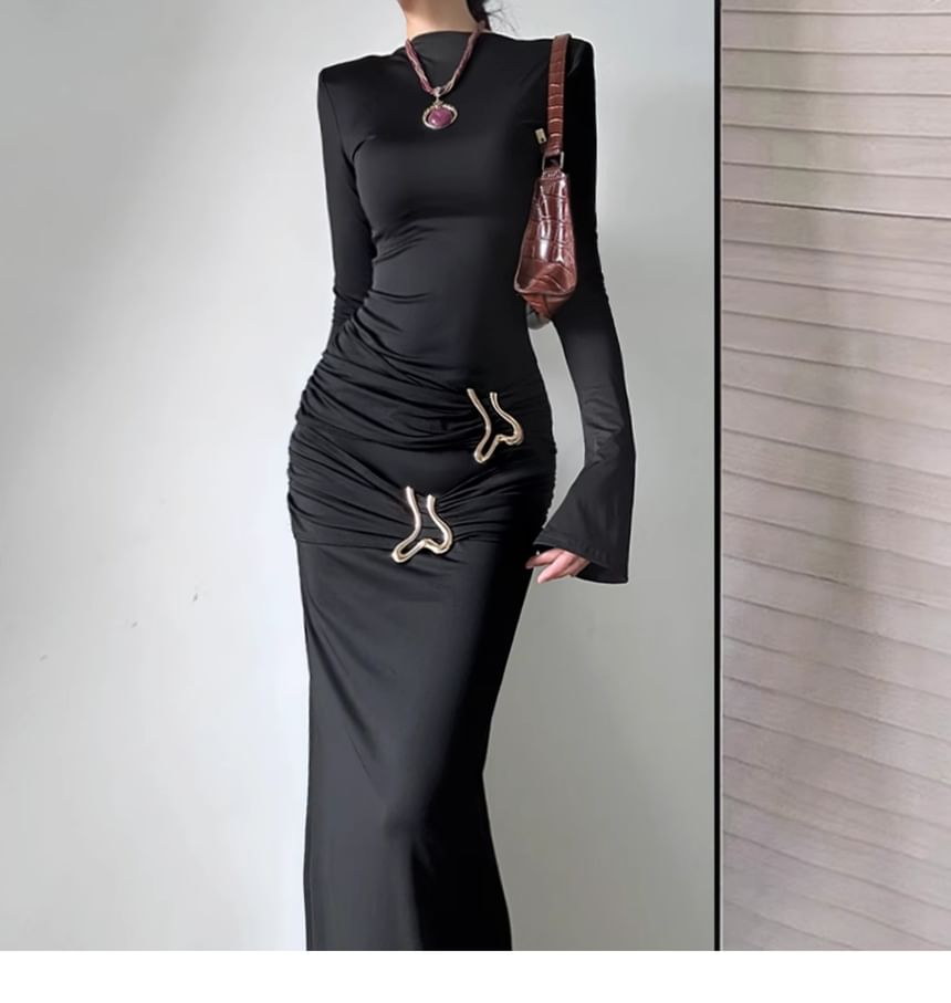 Mock Neck Long-Sleeve Ruched Sheath Maxi Dress