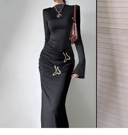 Mock Neck Long-Sleeve Ruched Sheath Maxi Dress