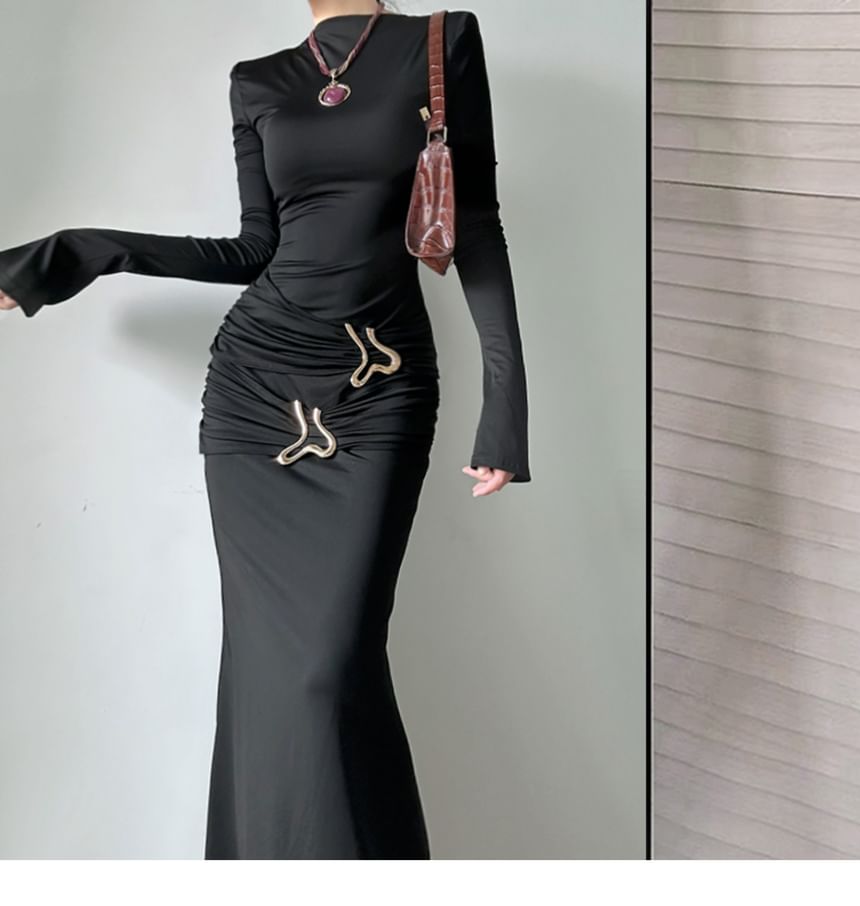 Mock Neck Long-Sleeve Ruched Sheath Maxi Dress