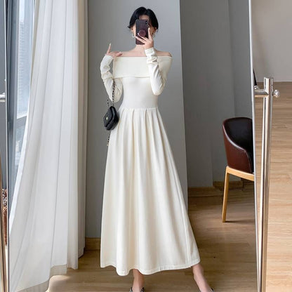Off-Shoulder Knit Pleated Long-Sleeve A-Line Maxi Gown