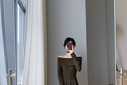 Off-Shoulder Knit Pleated Long-Sleeve A-Line Maxi Gown