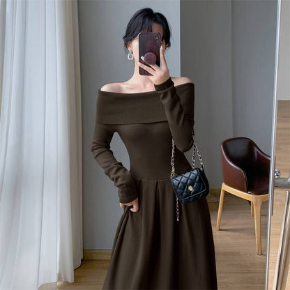 Off-Shoulder Knit Pleated Long-Sleeve A-Line Maxi Gown
