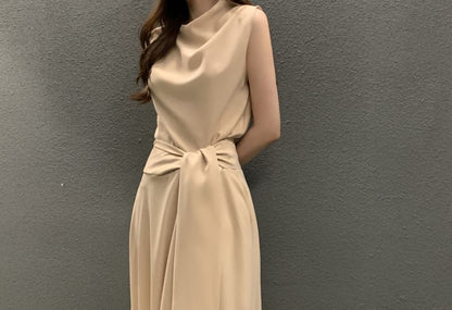 Mock Neck Sleeveless Slit Waist A-Line Maxi Dress