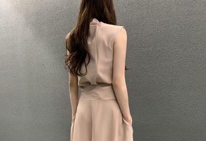 Mock Neck Sleeveless Slit Waist A-Line Maxi Dress