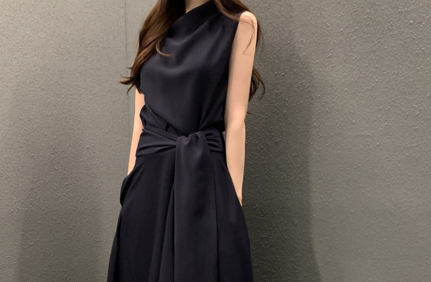 Mock Neck Sleeveless Slit Waist A-Line Maxi Dress