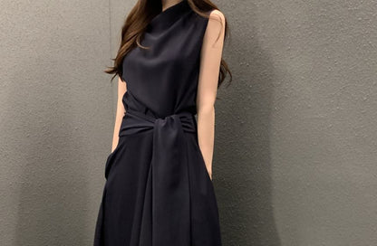 Mock Neck Sleeveless Slit Waist A-Line Maxi Dress