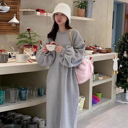Crew Neck Plain Long-Sleeve Sweatshirt Maxi Dress