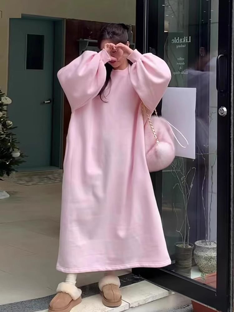 Crew Neck Plain Long-Sleeve Sweatshirt Maxi Dress