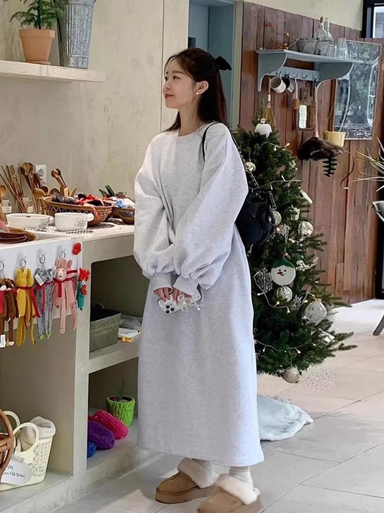 Crew Neck Plain Long-Sleeve Sweatshirt Maxi Dress