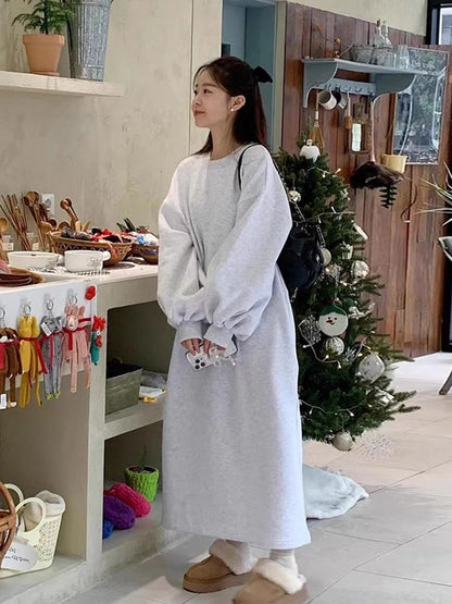 Crew Neck Plain Long-Sleeve Sweatshirt Maxi Dress