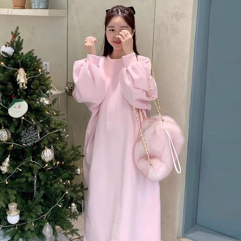 Crew Neck Plain Long-Sleeve Sweatshirt Maxi Dress