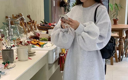 Crew Neck Plain Long-Sleeve Sweatshirt Maxi Dress