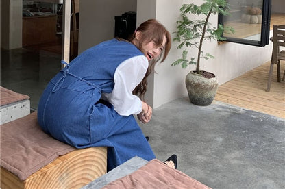 Round Neck Denim Dungaree Dress with Crossbody Bag Set
