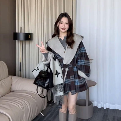 Plaid Reversible Hood Tie Front Coat