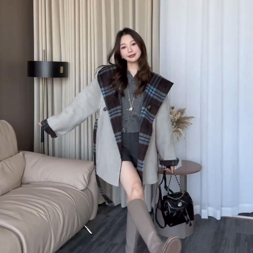 Plaid Reversible Hood Tie Front Coat