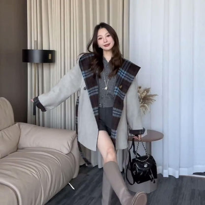 Plaid Reversible Hood Tie Front Coat