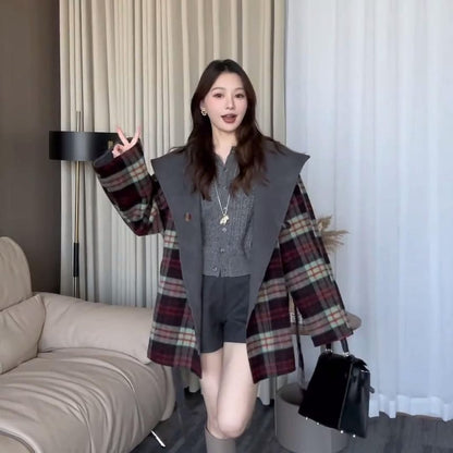 Plaid Reversible Hood Tie Front Coat