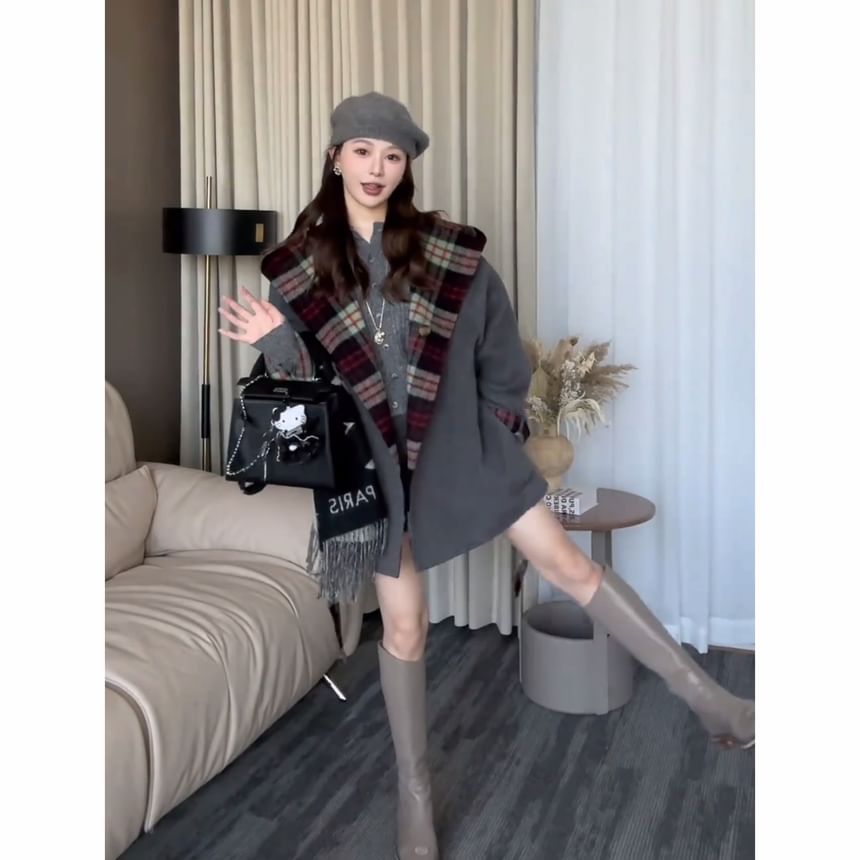 Plaid Reversible Hood Tie Front Coat