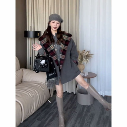 Plaid Reversible Hood Tie Front Coat