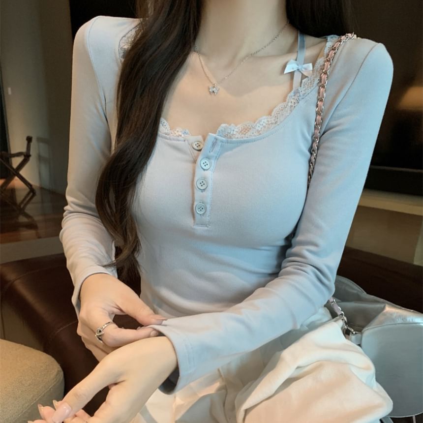 Plain Lace-Trim Henley Long-Sleeve Shirt