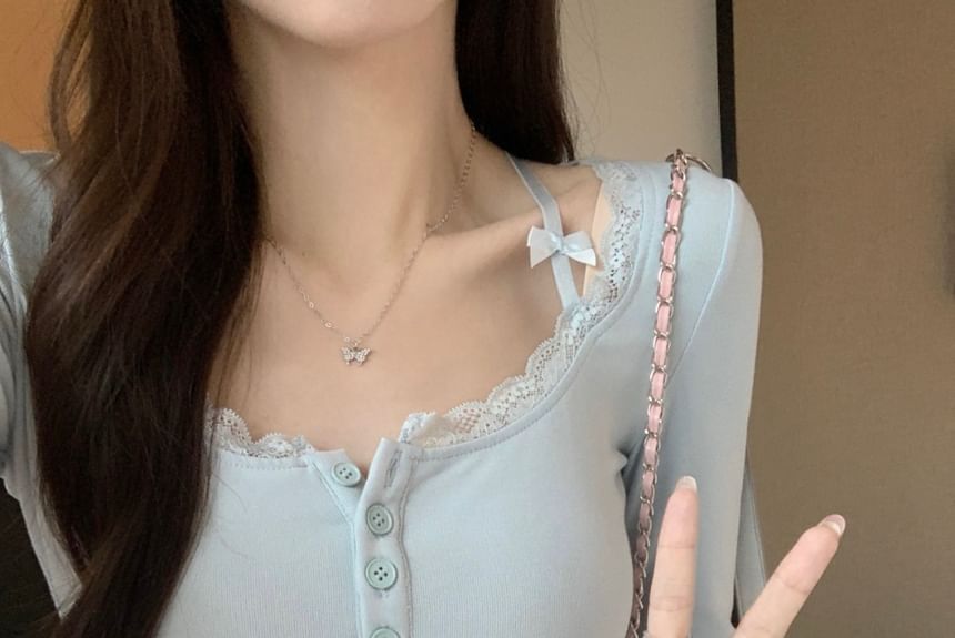 Plain Lace-Trim Henley Long-Sleeve Shirt