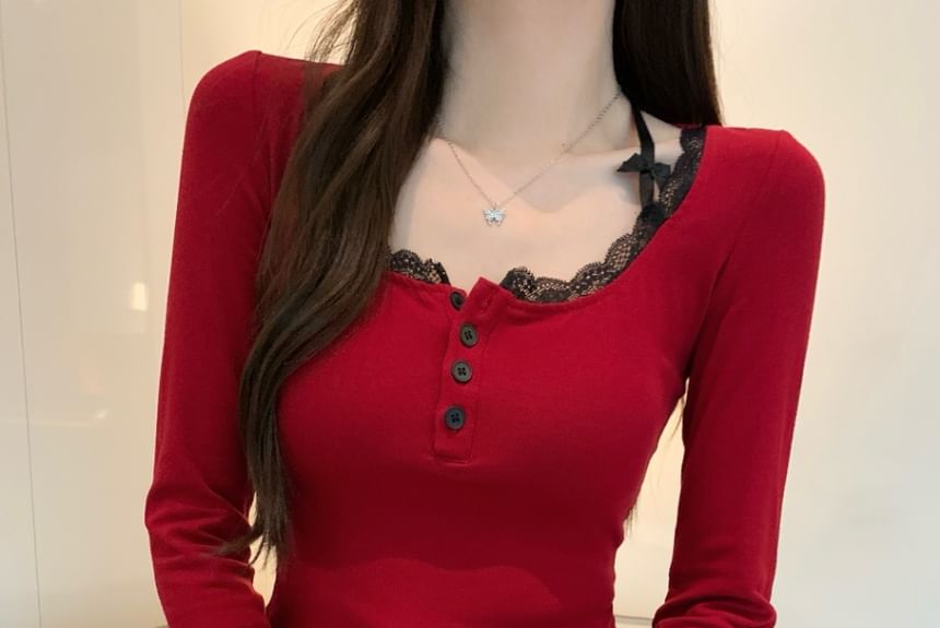 Plain Lace-Trim Henley Long-Sleeve Shirt