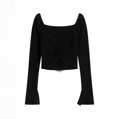 V-Neck Ruched Lace Insert Crop Long-Sleeve Tee