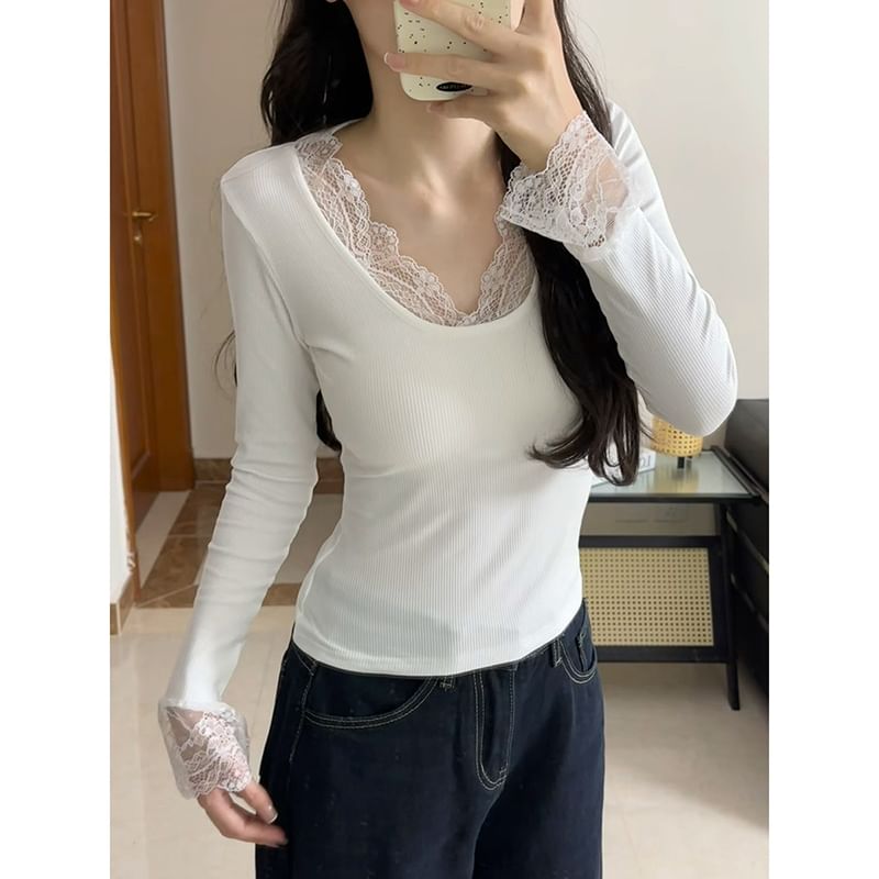 V-Neck Lace-Trimmed Simple Knit Tee