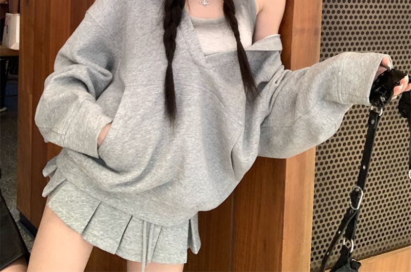 Puff-Sleeve Hoodie, Tank Top, and Pleated Skirt Set