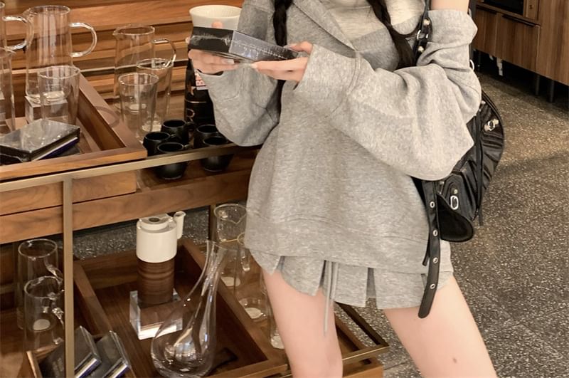 Puff-Sleeve Hoodie, Tank Top, and Pleated Skirt Set