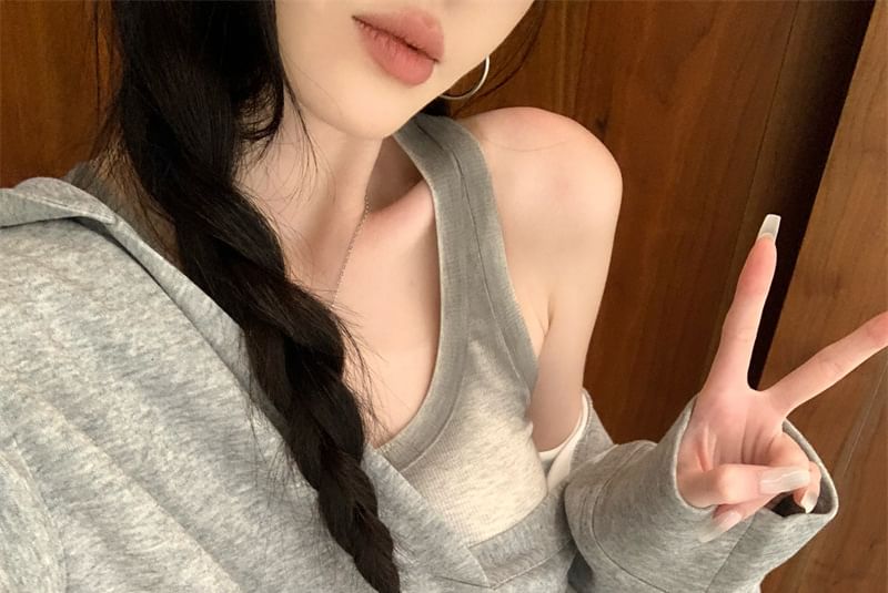 Puff-Sleeve Hoodie, Tank Top, and Pleated Skirt Set