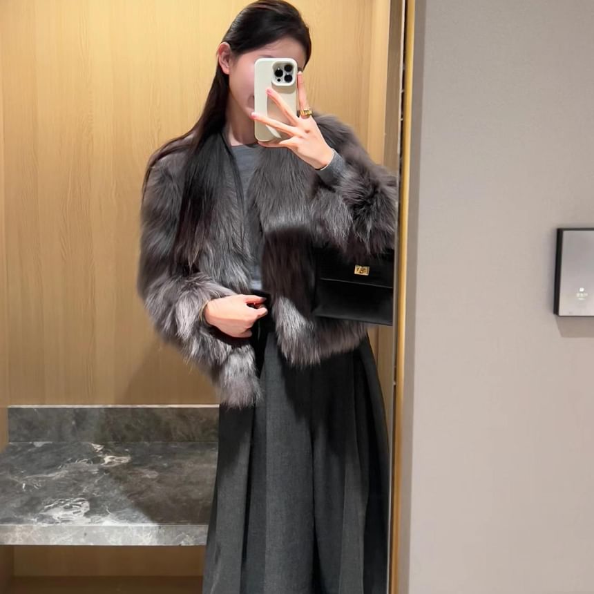 Round Neck Plain Faux Fur Jacket
