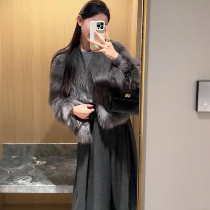 Round Neck Plain Faux Fur Jacket