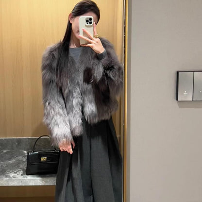 Round Neck Plain Faux Fur Jacket
