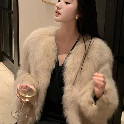 Round Neck Plain Faux Fur Jacket