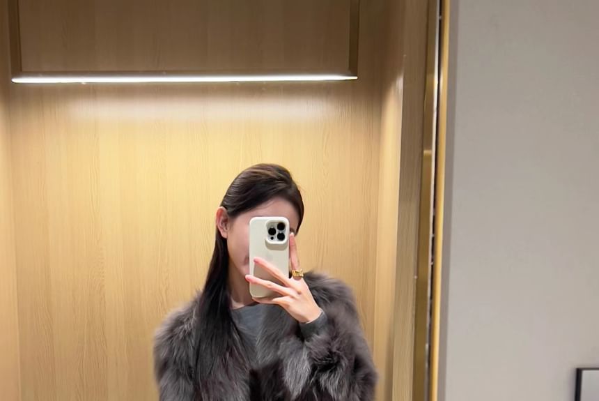Round Neck Plain Faux Fur Jacket