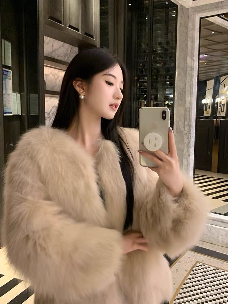Round Neck Plain Faux Fur Jacket