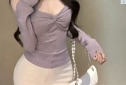 Off-Shoulder Knot Lace-Trim Long-Sleeve Tee