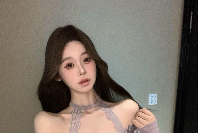 Off-Shoulder Knot Lace-Trim Long-Sleeve Tee