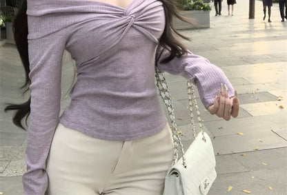 Off-Shoulder Knot Lace-Trim Long-Sleeve Tee