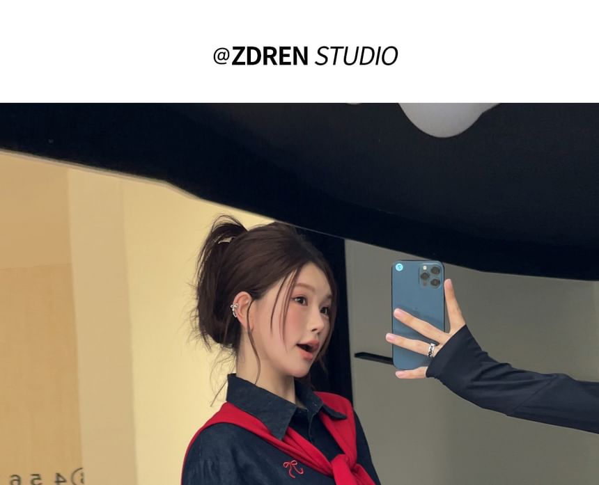 Plus Size Long-Sleeve Bow Embroidered Denim Shirt / High Waist Mini A-Line Skirt / Plain Capelet / Set