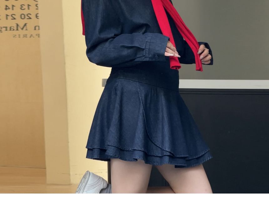 Plus Size Long-Sleeve Bow Embroidered Denim Shirt / High Waist Mini A-Line Skirt / Plain Capelet / Set