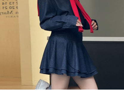 Plus Size Long-Sleeve Bow Embroidered Denim Shirt / High Waist Mini A-Line Skirt / Plain Capelet / Set