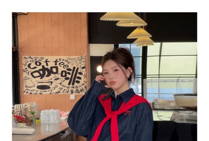 Plus Size Long-Sleeve Bow Embroidered Denim Shirt / High Waist Mini A-Line Skirt / Plain Capelet / Set