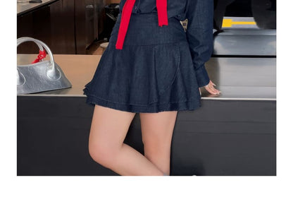 Plus Size Long-Sleeve Bow Embroidered Denim Shirt / High Waist Mini A-Line Skirt / Plain Capelet / Set