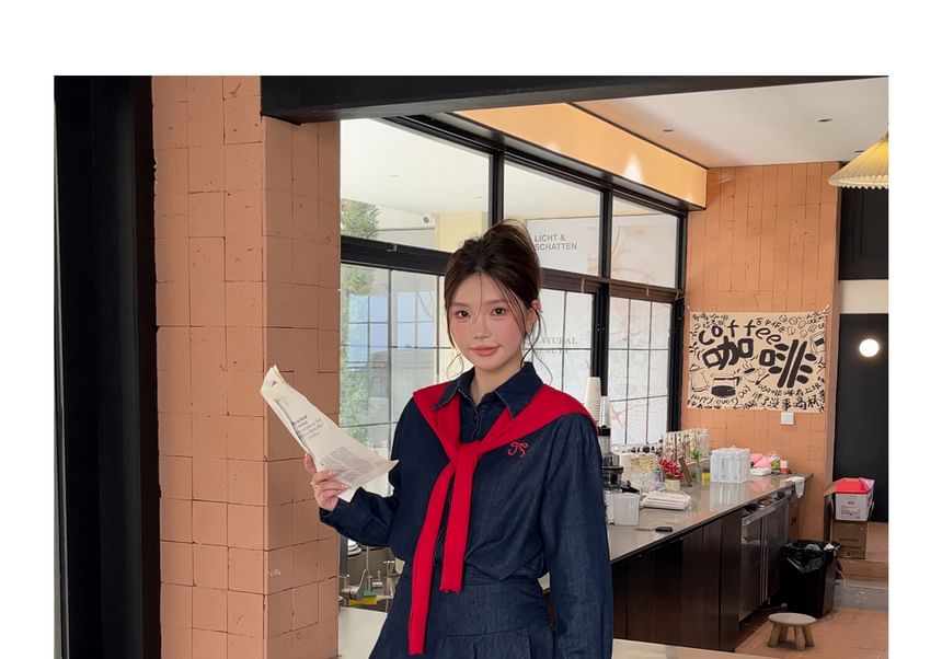 Plus Size Long-Sleeve Bow Embroidered Denim Shirt / High Waist Mini A-Line Skirt / Plain Capelet / Set