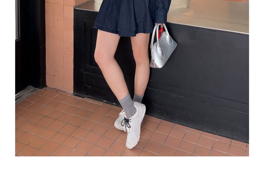 Plus Size Long-Sleeve Bow Embroidered Denim Shirt / High Waist Mini A-Line Skirt / Plain Capelet / Set