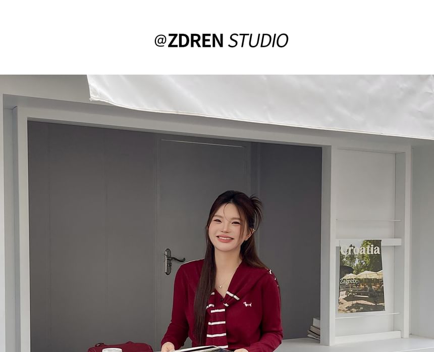 Plus Size Set: Dog Print Sweater + Striped Knit Cape